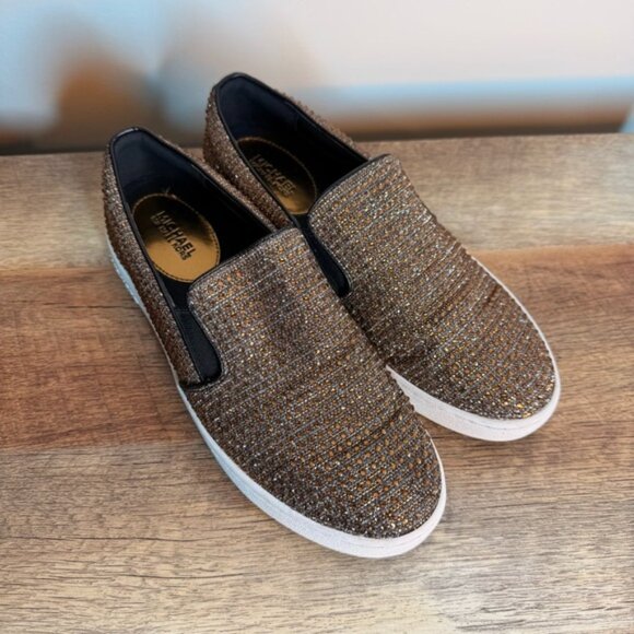 MICHAEL KORS Keaton MK Bedazzled Bronze Rhinestone Slip On Sneakers - Picture 6 of 15